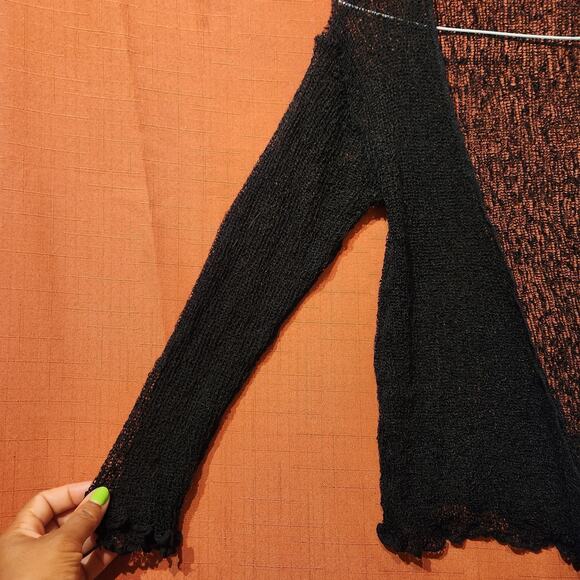 Black Sz Medium Sheer Lose Knit Tie Up Cardigan Stretch 3/4 Sleeve Light Sweater - Picture 6 of 9